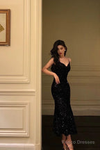 Sexy Mermaid Spaghetti Straps Black Sequin Prom Dresses Birthday Outfits