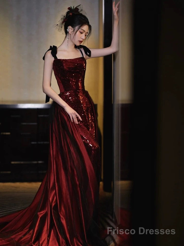 Sexy Mermaid Spaghetti Straps Burgundy Floor Length Evening Dress Prom Dresses Main image