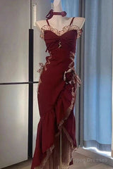 Sexy Mermaid Spaghetti Straps Burgundy Long Evening Dress Prom Dresses