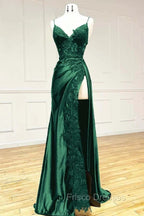 Sexy Mermaid Spaghetti Straps Dark Green Lace Backless Formal Prom Dress Long Party Dress