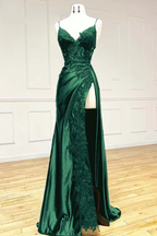 Sexy Mermaid Spaghetti Straps Dark Green Lace Backless Prom Dress Long Party Dress