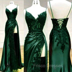 Sexy Mermaid Spaghetti Straps Dark Green Lace Backless Formal Prom Dress Long Party Dress