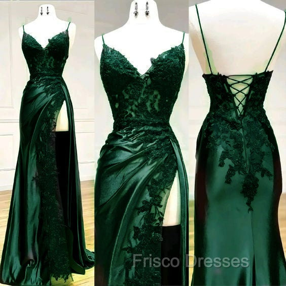 Sexy Mermaid Spaghetti Straps Dark Green Lace Backless Formal Prom Dress Long Party Dress
