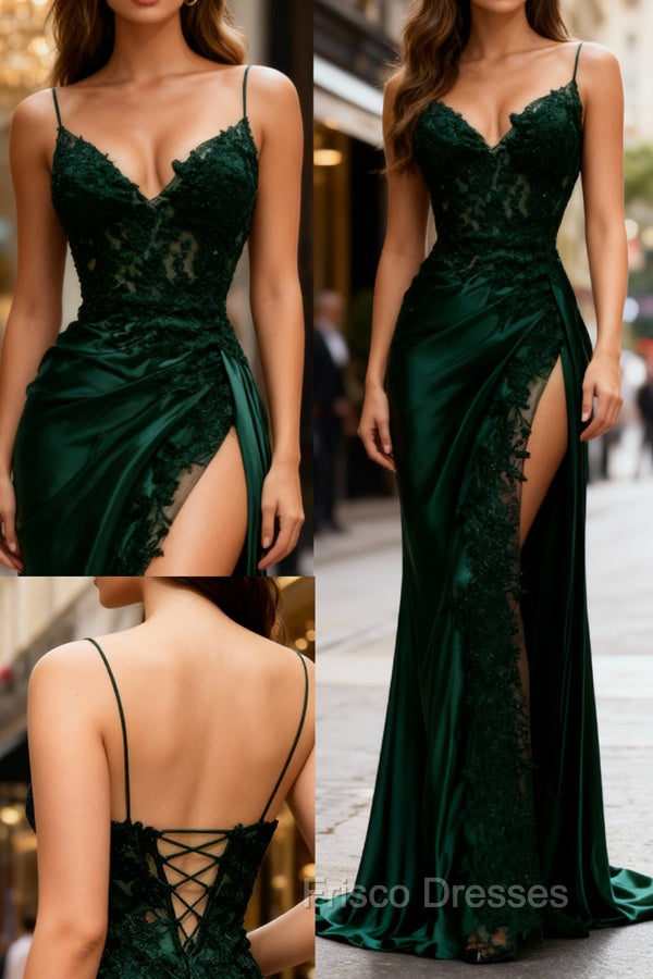 Sexy Mermaid Spaghetti Straps Dark Green Lace Backless Formal Prom Dress Long Party Dress Main image
