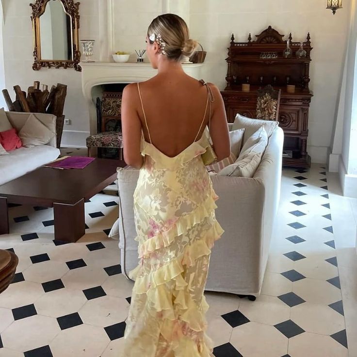 Sexy Mermaid Spaghetti Straps Floor Length Floral Yellow Chiffon Evening Dress Prom Dresses Secondary image