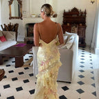 Sexy Mermaid Spaghetti Straps Floor Length Floral Yellow Chiffon Evening Dress Prom Dresses