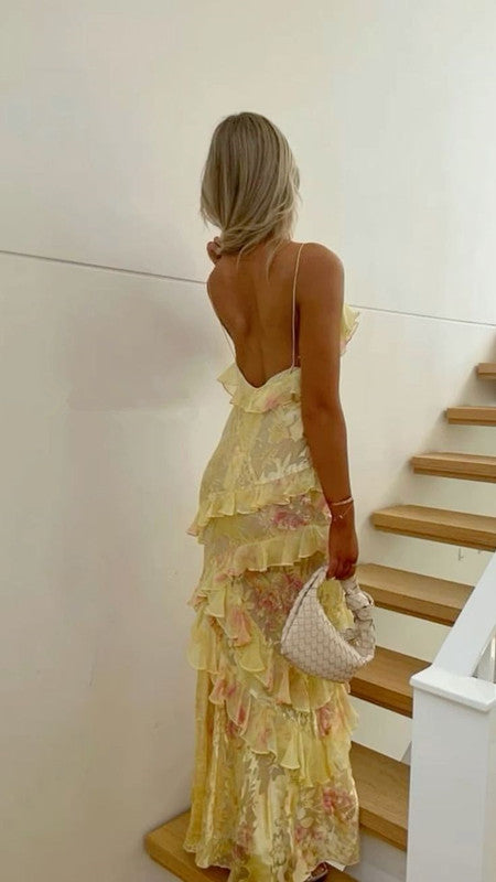 Sexy Mermaid Spaghetti Straps Floor Length Floral Yellow Chiffon Evening Dress Prom Dresses Main image