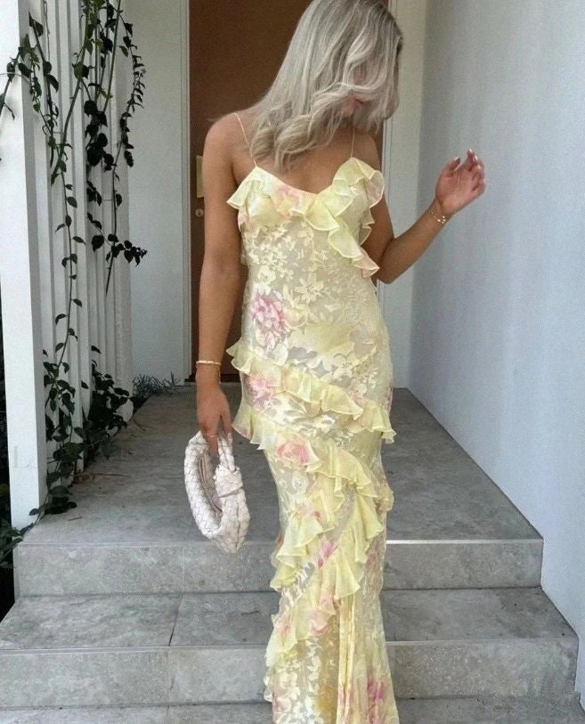 Sexy Mermaid Spaghetti Straps Floor Length Floral Yellow Chiffon Evening Dress Prom Dresses