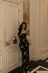 Sexy Mermaid Spaghetti Straps Floral Black Prom Dresses Ankle Length Birthday Outfits