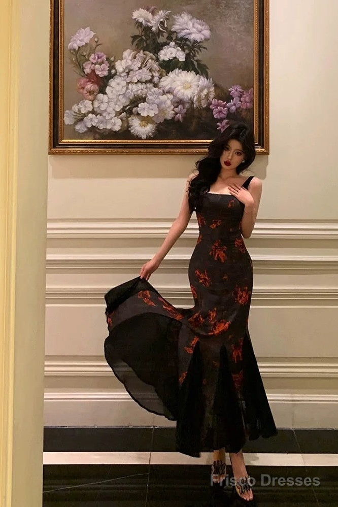 Sexy Mermaid Spaghetti Straps Floral Black Prom Dresses Birthday Outfits
