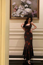 Sexy Mermaid Spaghetti Straps Floral Black Prom Dresses Birthday Outfits