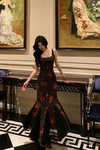 Sexy Mermaid Spaghetti Straps Floral Black Prom Dresses Birthday Outfits