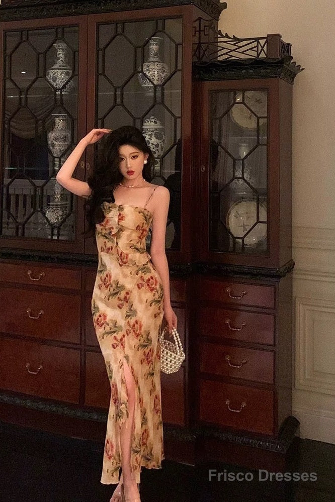 Sexy Mermaid Spaghetti Straps Floral Slit Long Prom Dresses Birthday Outfit