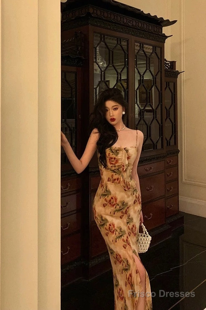 Sexy Mermaid Spaghetti Straps Floral Slit Long Prom Dresses Birthday Outfit