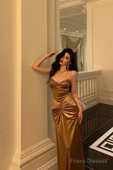 Sexy Mermaid Spaghetti Straps Gold Velvet Long Prom Dresses Birthday Outfits