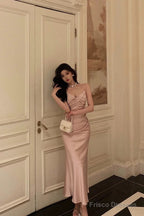 Sexy Mermaid Spaghetti Straps Pink Satin Ankle Length Prom Dresses Birthday Outfits