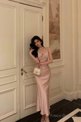 Sexy Mermaid Spaghetti Straps Pink Satin Ankle Length Prom Dresses Birthday Outfits