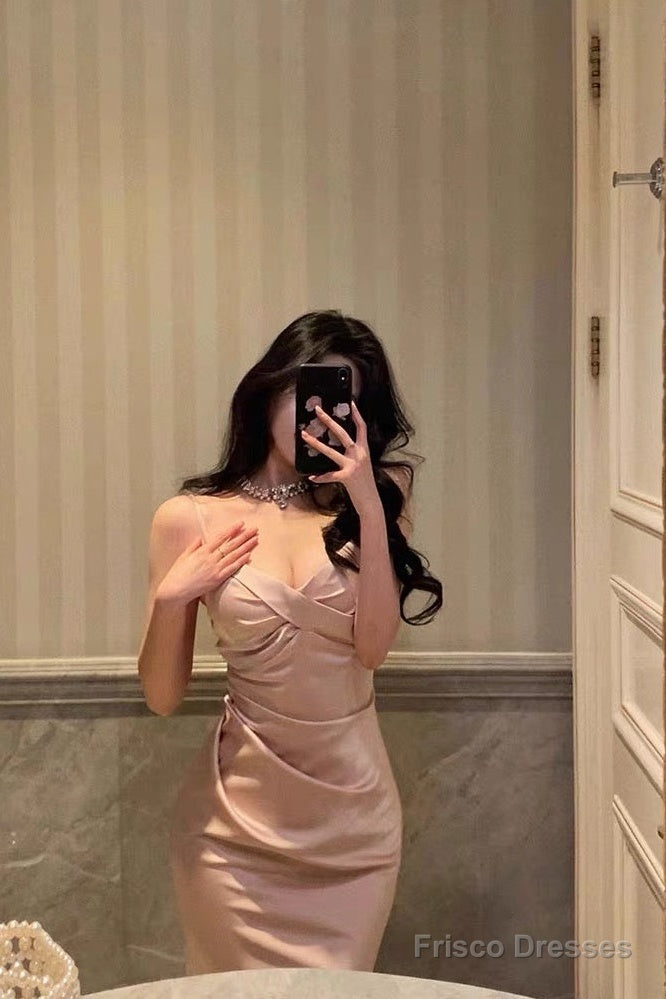 Sexy Mermaid Spaghetti Straps Pink Satin Ankle Length Prom Dresses Birthday Outfits