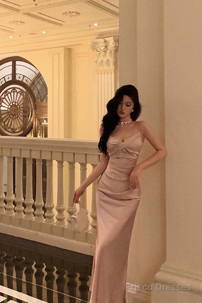 Sexy Mermaid Spaghetti Straps Pink Satin Ankle Length Prom Dresses Birthday Outfits