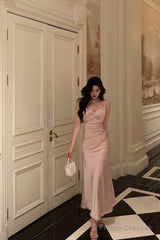 Sexy Mermaid Spaghetti Straps Pink Satin Ankle Length Prom Dresses Birthday Outfits