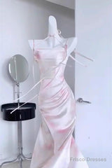 Sexy Mermaid Spaghetti Straps Pink Satin Prom Dresses Night Dress Birthday Outfits