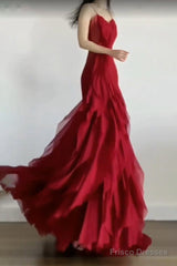 Sexy Mermaid Spaghetti Straps Red Chiffon Ruffles Birthday Dresses Long Prom Dress