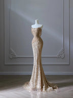 Pretty Mermaid Strapless Gold Sequin Beads Long Prom Dresses Formal Evening Dress