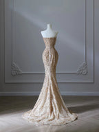 Pretty Mermaid Strapless Gold Sequin Beads Long Prom Dresses Formal Evening Dress