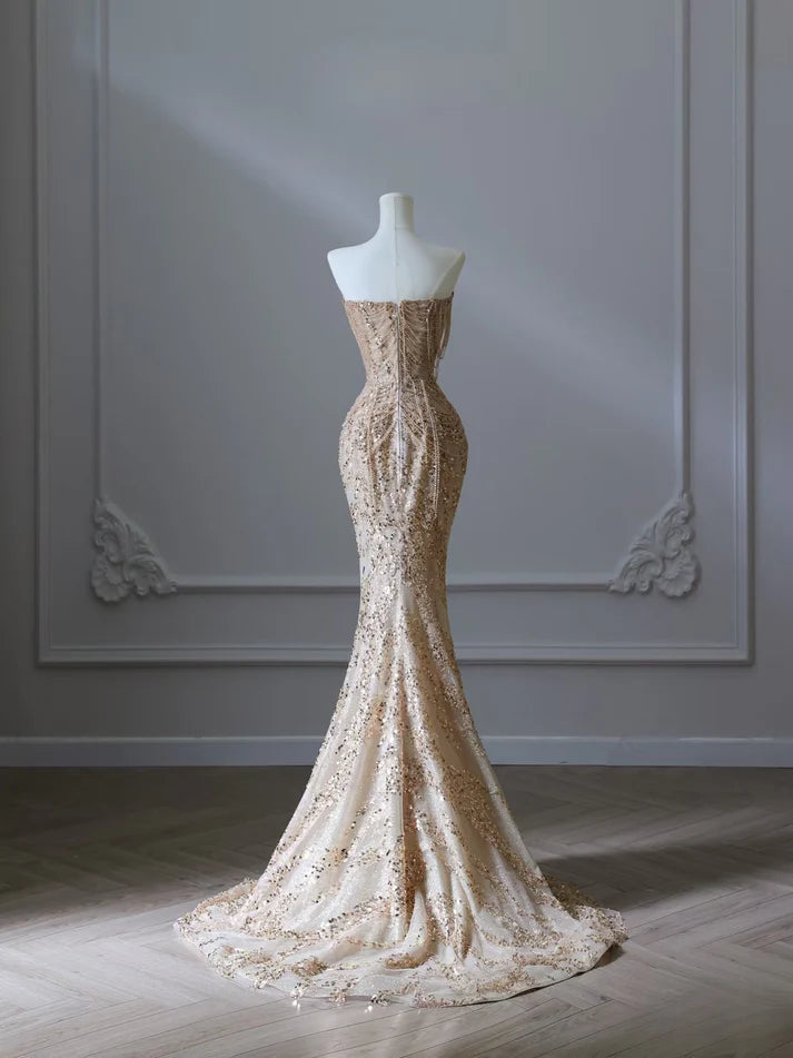 Pretty Mermaid Strapless Gold Sequin Beads Long Prom Dresses Formal Evening Dress