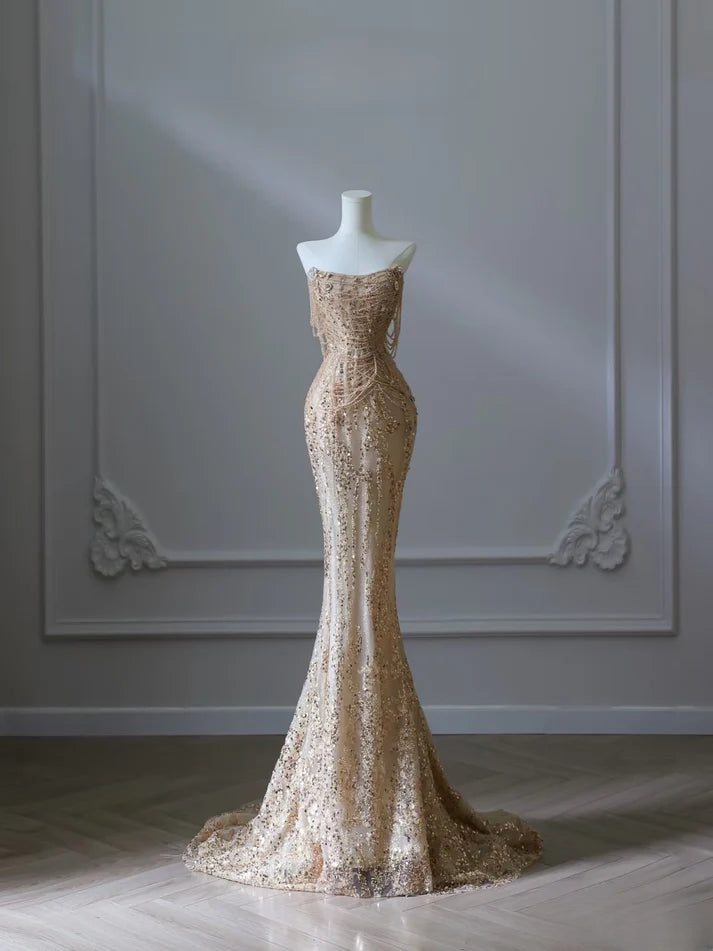 Pretty Mermaid Strapless Gold Sequin Beads Long Prom Dresses Formal Evening Dress Main image