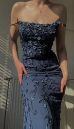 Sexy Mermaid Spaghetti Straps Satin Navy Blue Floral Long Evening Dress Prom Dresses