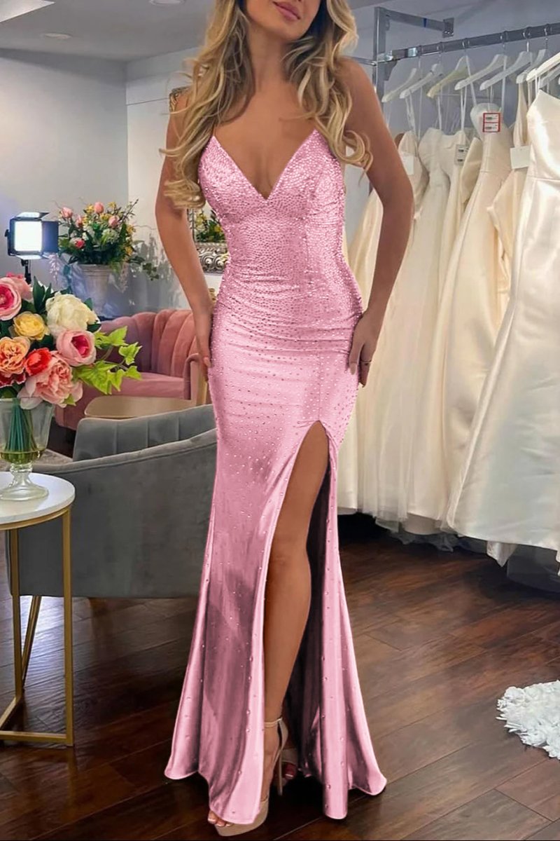 Sexy Mermaid Spaghetti Straps Satin Slit Prom Dress with Hot Stone