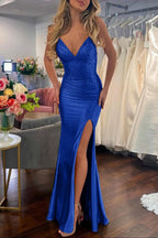 Sexy Mermaid Spaghetti Straps Satin Slit Prom Dress with Hot Stone
