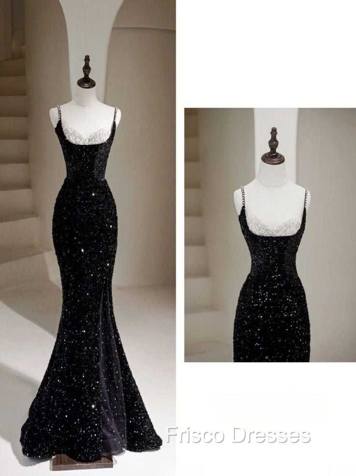 Sexy Mermaid Spaghetti Straps Sequin Black Long Formal Prom Dress