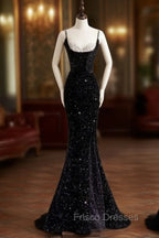 Sexy Mermaid Spaghetti Straps Sequin Black Long Formal Prom Dress