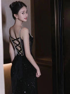 Sexy Mermaid Spaghetti Straps Sequin Black Long Prom Dresses