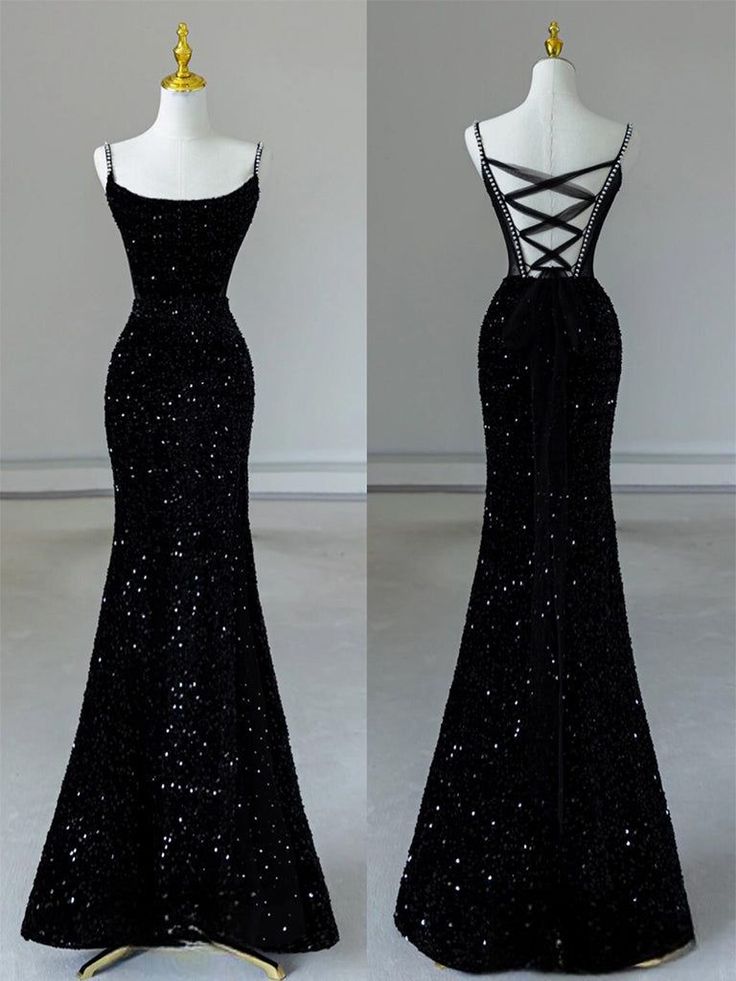 Sexy Mermaid Spaghetti Straps Sequin Black Long Prom Dresses Main image
