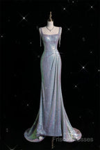 Sexy Mermaid Spaghetti Straps Sequin Silver Formal Gowns Long Formal Prom Dress