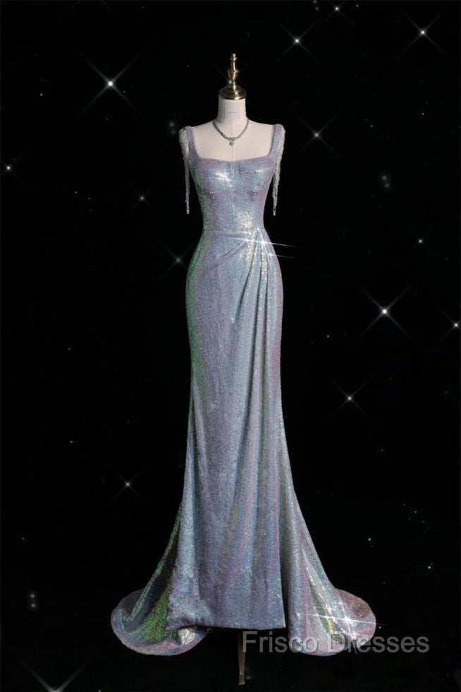 Sexy Mermaid Spaghetti Straps Sequin Silver Formal Gowns Long Formal Prom Dress