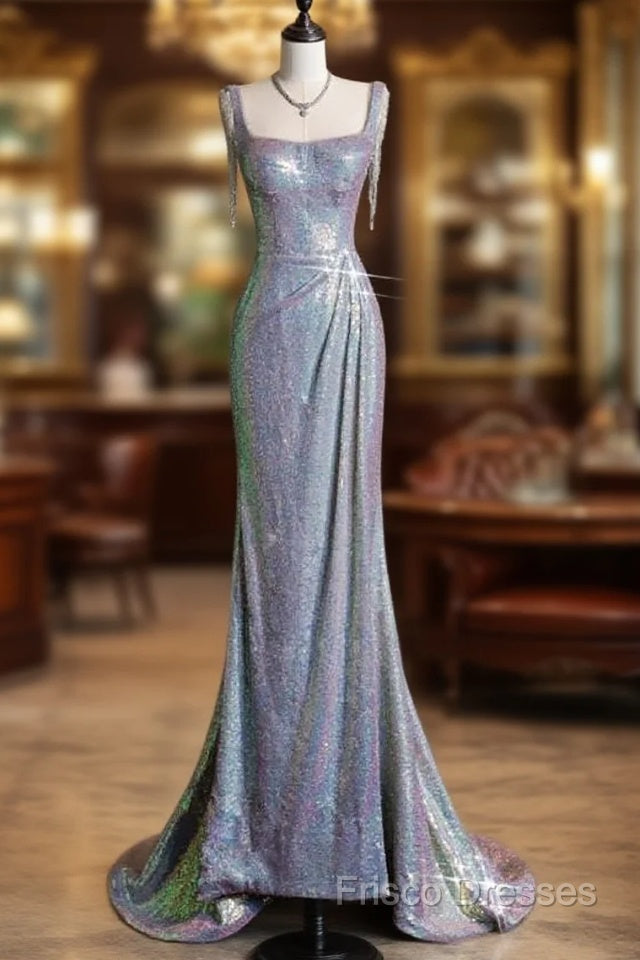 Sexy Mermaid Spaghetti Straps Sequin Silver Formal Gowns Long Formal Prom Dress Main image