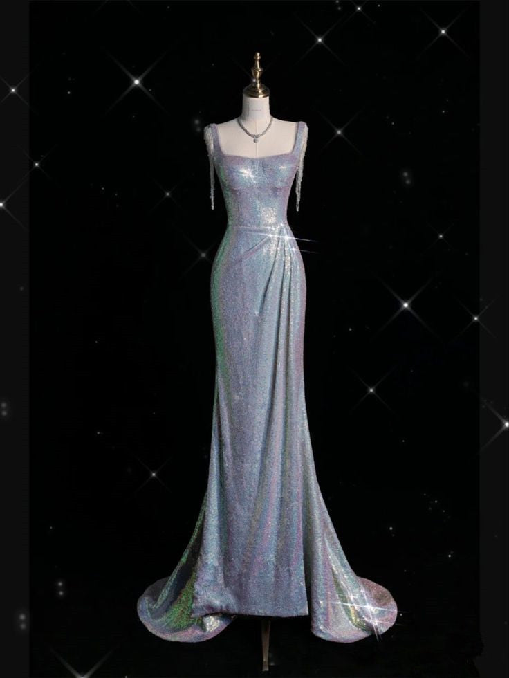 Sexy Mermaid Spaghetti Straps Sequin Silver Evening Gowns Long Prom Dresses Main image