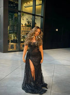 Sexy Mermaid Spaghetti Straps Sequin Slit Black Long Prom Dresses Party Dress