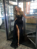 Sexy Mermaid Spaghetti Straps Sequin Slit Black Long Prom Dresses Party Dress