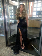 Sexy Mermaid Spaghetti Straps Sequin Slit Black Long Prom Dresses Party Dress