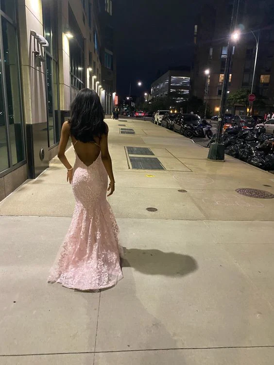 Sexy Mermaid Spaghetti Straps Sleeveless Lace Pink Prom Dress Birthday Outfit Secondary image