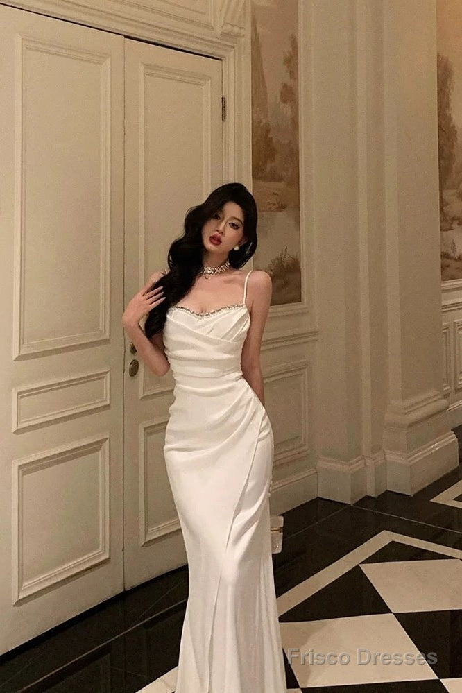 Sexy Mermaid Spaghetti Straps White Satin Slit Prom Dresses Birthday Outfits