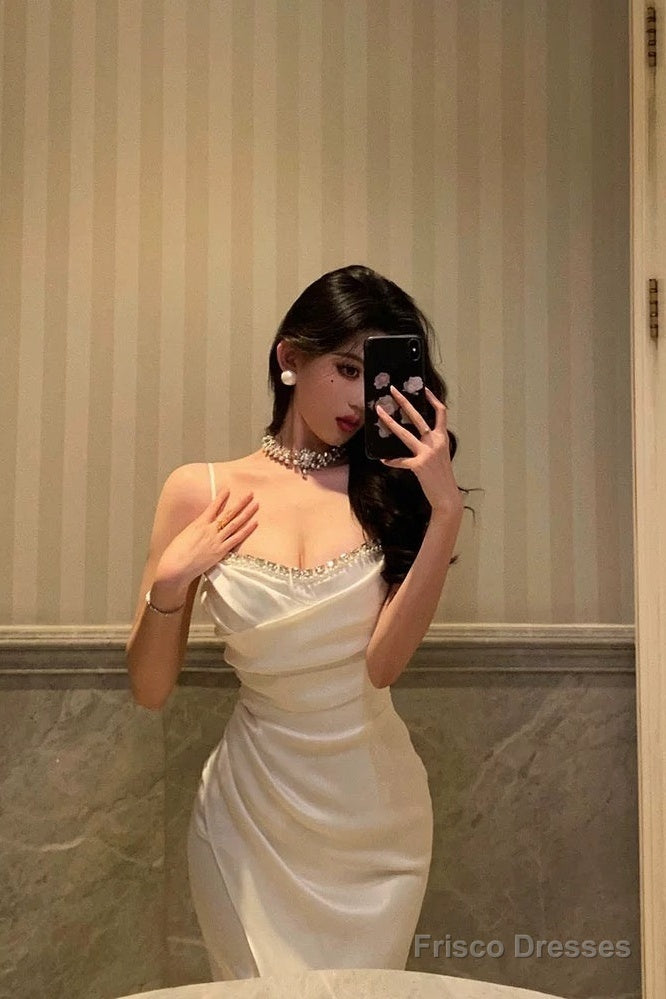 Sexy Mermaid Spaghetti Straps White Satin Slit Prom Dresses Birthday Outfits