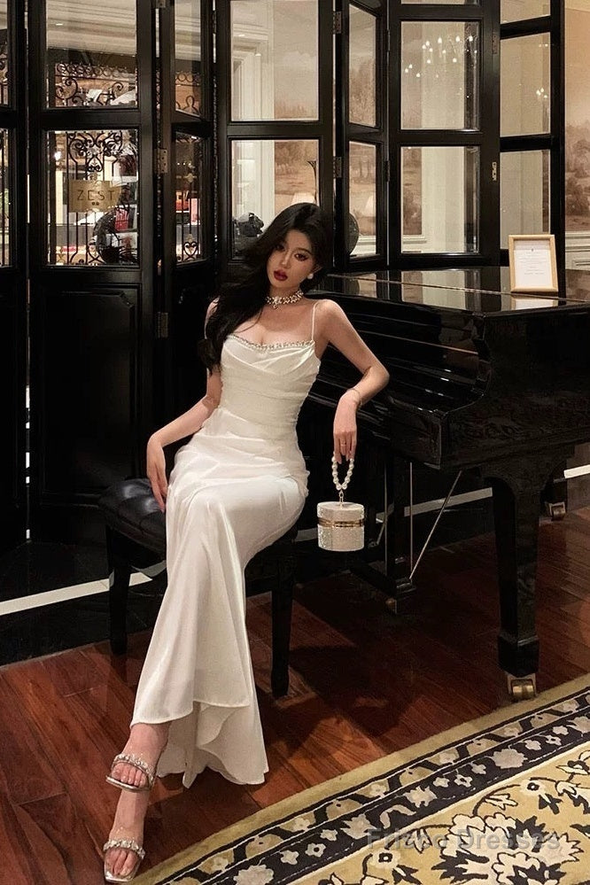 Sexy Mermaid Spaghetti Straps White Satin Slit Prom Dresses Birthday Outfits
