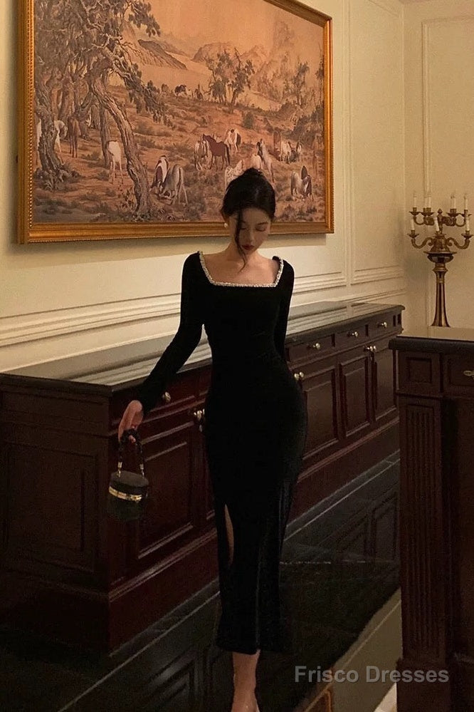 Sexy Mermaid Square Neckline Black Velvet Slit Prom Dresses Birthday Outfits