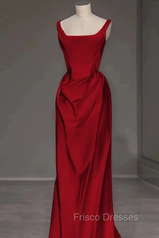 Sexy Mermaid Square Neckline Red Satin Floor Length Formal Prom Dress